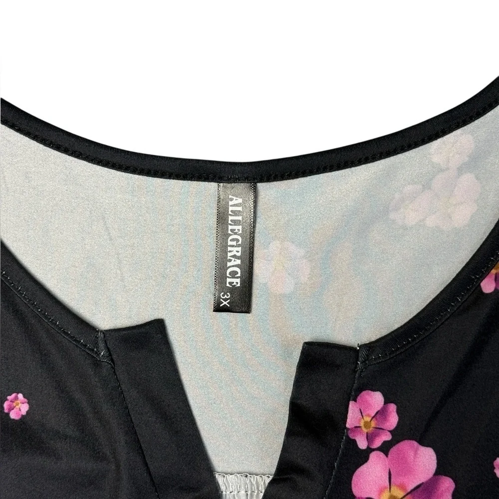 Women’s Plus Floral Short Sleeve Button Top V Smock Blouse. Black Pink 3X #1506 - Picture 5 of 6